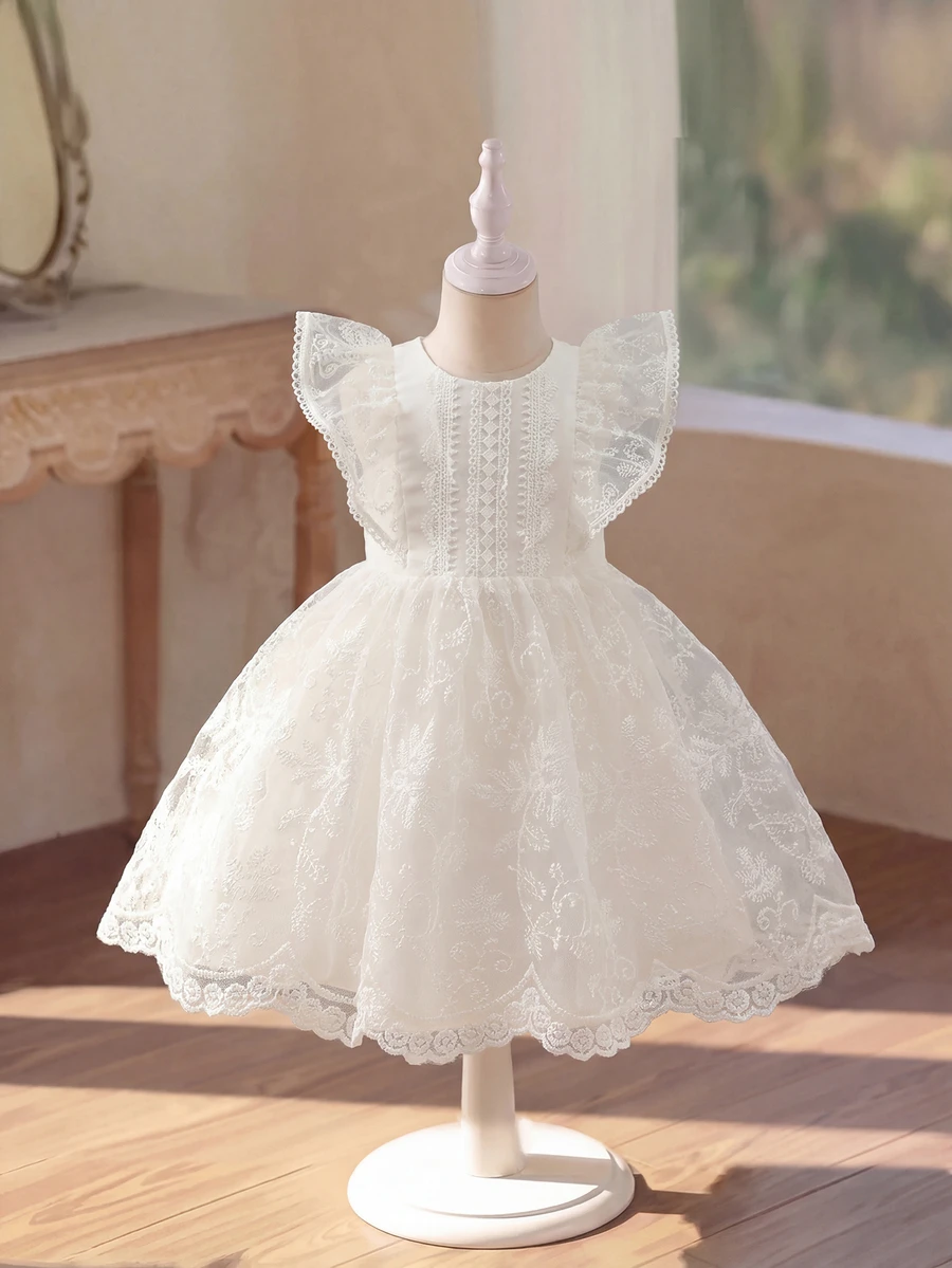 SHEIN Glamorique Kids 女嬰洋裝，白色刺繡網紗，荷葉袖，蕾絲，可愛，生日派對，婚禮，舞會，畢業典禮，夏季優雅