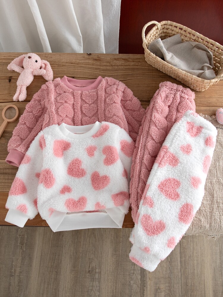 4pcs Toddler Baby Girl Sweatshirt Pants Cute Sweet Pink White 3D Embossed Heart Long Sleeve Round Neck Plush Birthday Party Winter Fall Clothes Fuzzy - Dusty Pink - View 7