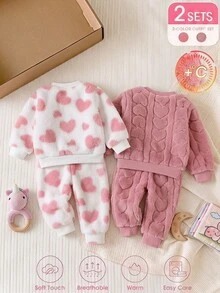4件組女嬰返校秋/冬款粉色與白色甜美柔軟毛絨兩件式套裝，純色3D愛心/滿版愛心印花圓領長袖衛衣搭配鬆緊腰收口長褲，室內休閒、戶外通勤，嬰幼兒女童2色可選毛絨童裝 - 藕粉色 - 查看 2