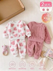 4件組女嬰返校秋/冬款粉色與白色甜美柔軟毛絨兩件式套裝，純色3D愛心/滿版愛心印花圓領長袖衛衣搭配鬆緊腰收口長褲，室內休閒、戶外通勤，嬰幼兒女童2色可選毛絨童裝 - 藕粉色 - 查看 3