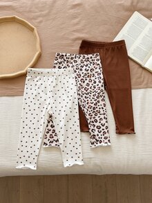 SHEIN Playful Pals 3件組女嬰緊身褲 可愛甜美棕色白色豹紋愛心印花 羅紋荷葉邊 中磅 生日派對 秋季 芭蕾舞伶 緊身款 - 彩色 - 查看 5