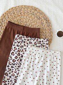 SHEIN Playful Pals 3件組女嬰緊身褲 可愛甜美棕色白色豹紋愛心印花 羅紋荷葉邊 中磅 生日派對 秋季 芭蕾舞伶 緊身款 - 彩色 - 查看 6