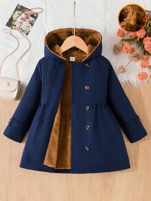 SHEIN Elladie kids 女童冬季外套，海軍藍，保暖內裡，連帽，雙排扣，時尚夾克，適合日常休閒穿著，可愛造型 - 藏蓝色 - 查看 4