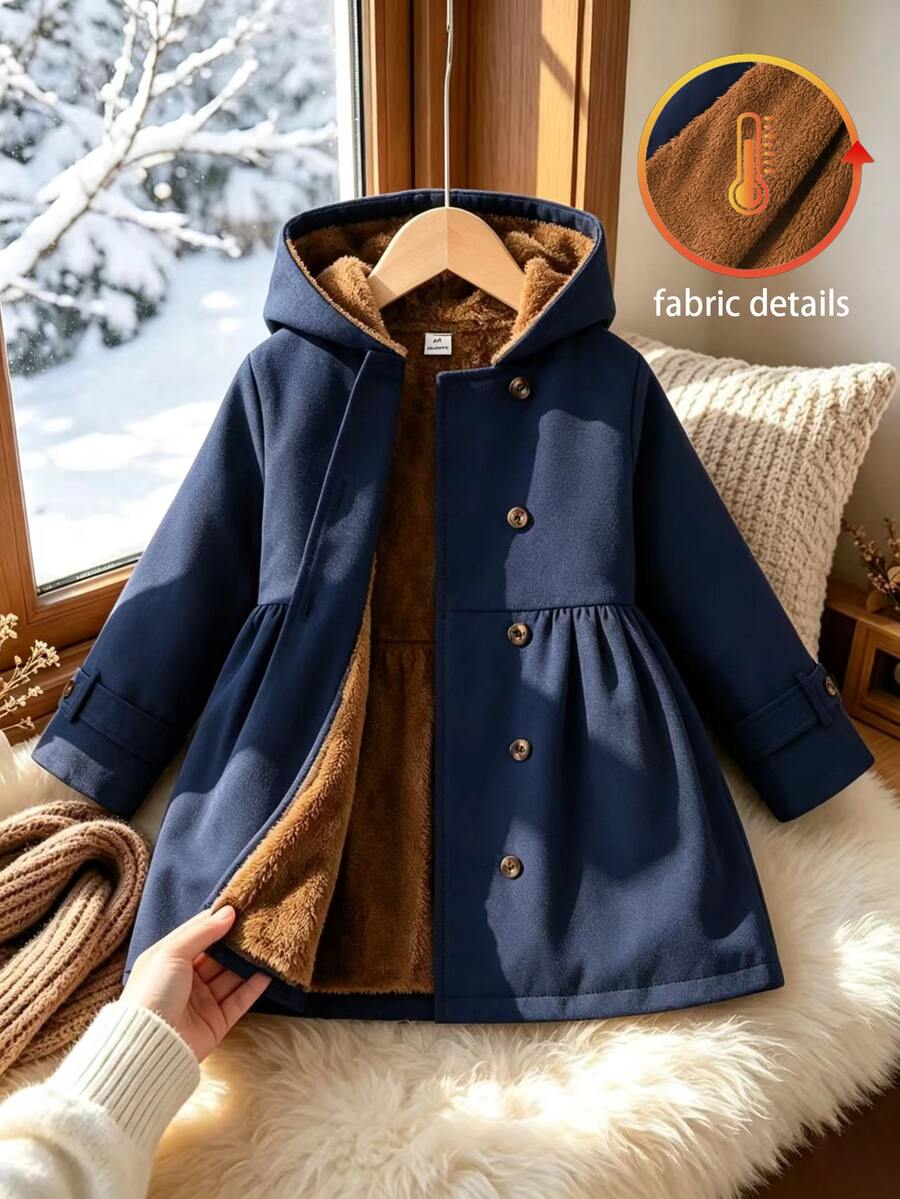 SHEIN Elladie kids 女童冬季外套,海軍藍,保暖內裡,連帽,雙排扣,時尚夾克,適合日常休閒穿著,可愛造型 - 藏蓝色 - 查看 1