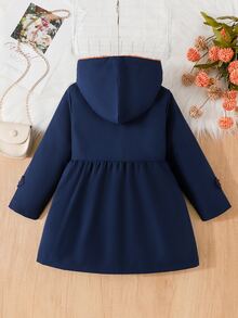 SHEIN Elladie kids 女童冬季外套，海軍藍，保暖內裡，連帽，雙排扣，時尚夾克，適合日常休閒穿著，可愛造型 - 藏蓝色 - 查看 2