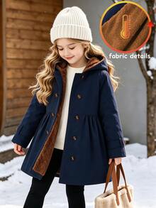 SHEIN Elladie kids 女童冬季外套，海軍藍，保暖內裡，連帽，雙排扣，時尚夾克，適合日常休閒穿著，可愛造型 - 藏蓝色 - 查看 3