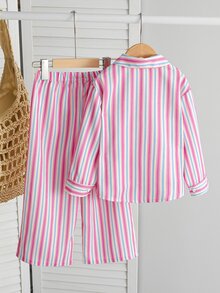 Souflis Souflis Young Girls Striped Lapel Shirt Set, Casual, Cute, Fall, Back To School, Outdoor, Sports, Daily, Comfortable, Outfit, Matching Set - Baby Pink - View 4