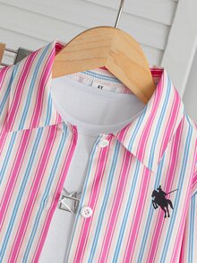 Souflis Souflis Young Girls Striped Lapel Shirt Set, Casual, Cute, Fall, Back To School, Outdoor, Sports, Daily, Comfortable, Outfit, Matching Set - Baby Pink - View 11
