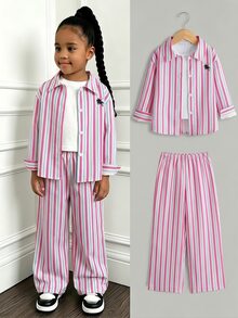 Souflis Souflis Young Girls Striped Lapel Shirt Set, Casual, Cute, Fall, Back To School, Outdoor, Sports, Daily, Comfortable, Outfit, Matching Set - Baby Pink - View 6