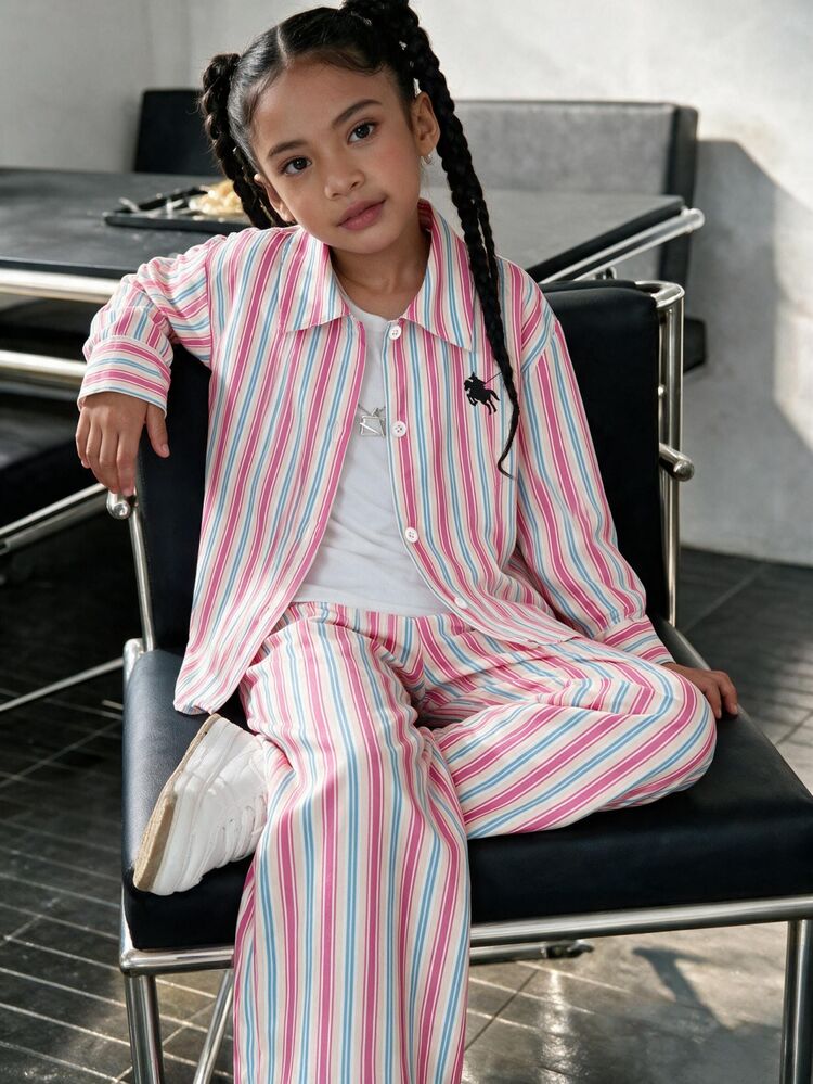 Souflis Souflis Young Girls Striped Lapel Shirt Co-Ords, Streetwear, Long Sleeve Top, New Fall Styles, Back To School, Pink Striped Shirt Co Ord - Baby Pink - View 3