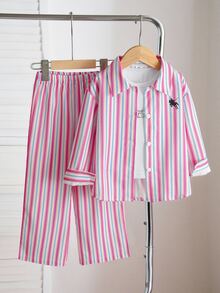 Souflis Souflis Young Girls Striped Lapel Shirt Set, Casual, Cute, Fall, Back To School, Outdoor, Sports, Daily, Comfortable, Outfit, Matching Set - Baby Pink - View 1