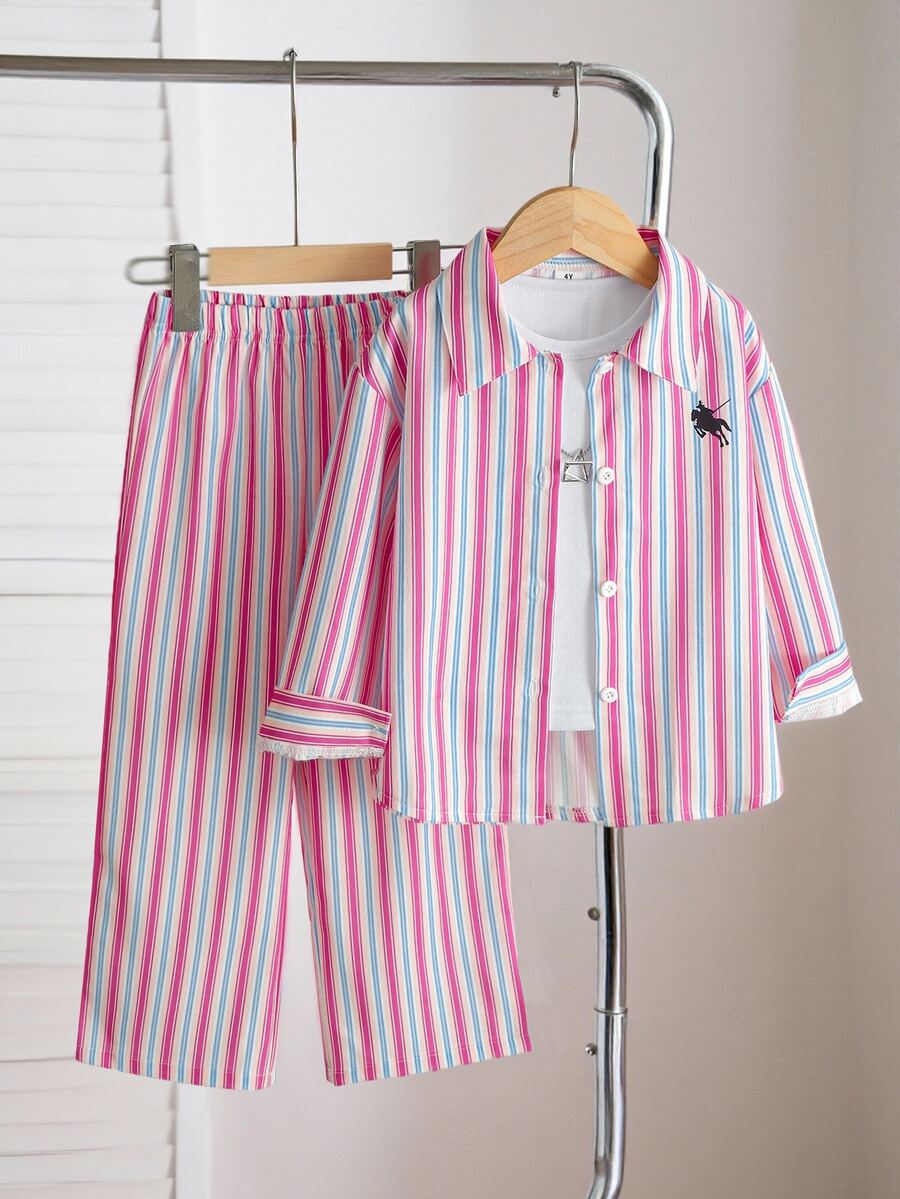 Souflis Souflis Young Girls Striped Lapel Shirt Set, Casual, Cute, Fall, Back To School, Outdoor, Sports, Daily, Comfortable, Outfit, Matching Set - Baby Pink - View 1