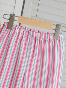 Souflis Souflis Young Girls Striped Lapel Shirt Set, Casual, Cute, Fall, Back To School, Outdoor, Sports, Daily, Comfortable, Outfit, Matching Set - Baby Pink - View 9
