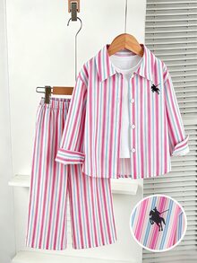 Souflis Souflis Young Girls Striped Lapel Shirt Set, Casual, Cute, Fall, Back To School, Outdoor, Sports, Daily, Comfortable, Outfit, Matching Set - Baby Pink - View 8