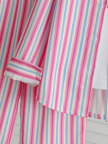 Souflis Souflis Young Girls Striped Lapel Shirt Set, Casual, Cute, Fall, Back To School, Outdoor, Sports, Daily, Comfortable, Outfit, Matching Set - Baby Pink - View 12