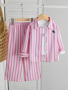 Souflis Souflis Young Girls Striped Lapel Shirt Set, Casual, Cute, Fall, Back To School, Outdoor, Sports, Daily, Comfortable, Outfit, Matching Set - Baby Pink - View 5