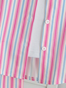 Souflis Souflis Young Girls Striped Lapel Shirt Set, Casual, Cute, Fall, Back To School, Outdoor, Sports, Daily, Comfortable, Outfit, Matching Set - Baby Pink - View 14
