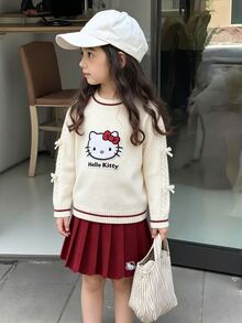 HELLO KITTY AND FRIENDS | SHEIN GraphicGems 女童 2 件套針織套裝，圓領毛衣與裙子，毛巾刺繡套頭針織上衣配紅色裙子，柔軟舒適，簡約可愛優雅風，長袖，適合旅行與外出，秋冬款 - 彩色 - 查看 4