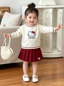 HELLO KITTY AND FRIENDS | SHEIN GraphicGems 女童 2 件套針織套裝，圓領毛衣與裙子，毛巾刺繡套頭針織上衣配紅色裙子，柔軟舒適，簡約可愛優雅風，長袖，適合旅行與外出，秋冬款 - 彩色 - 查看 3