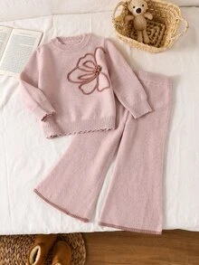 SHEIN Girls' Fashion Purple Elegant Embroidered Knit Sweater Set, Pullover Knit Crew Neck Sweater + Pants 2-Piece Set Suitable For Autumn/Winter, Back To School, Casual, Outings, Parties, Shopping - Dusty Pink - View 3