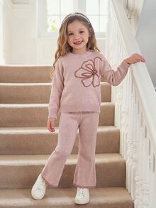 SHEIN Girls' Fashion Purple Elegant Embroidered Knit Sweater Set, Pullover Knit Crew Neck Sweater + Pants 2-Piece Set Suitable For Autumn/Winter, Back To School, Casual, Outings, Parties, Shopping - Dusty Pink - View 1