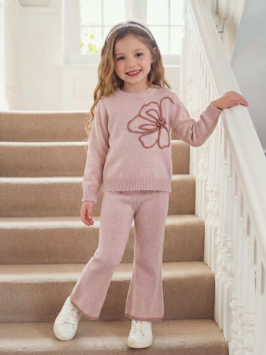 SHEIN Girls' Fashion Purple Elegant Embroidered Knit Sweater Set, Pullover Knit Crew Neck Sweater + Pants 2-Piece Set Suitable For Autumn/Winter, Back To School, Casual, Outings, Parties, Shopping - Dusty Pink - View 1