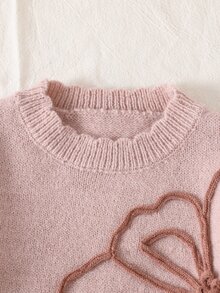 SHEIN Girls' Fashion Purple Elegant Embroidered Knit Sweater Set, Pullover Knit Crew Neck Sweater + Pants 2-Piece Set Suitable For Autumn/Winter, Back To School, Casual, Outings, Parties, Shopping - Dusty Pink - View 5