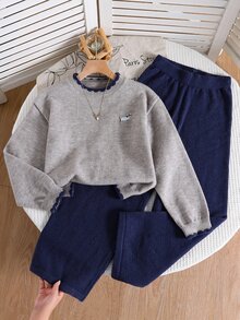 SHEIN 青少年女孩卡通刺繡落肩針織毛衣與針織長褲套裝 - 彩色 - 查看 1