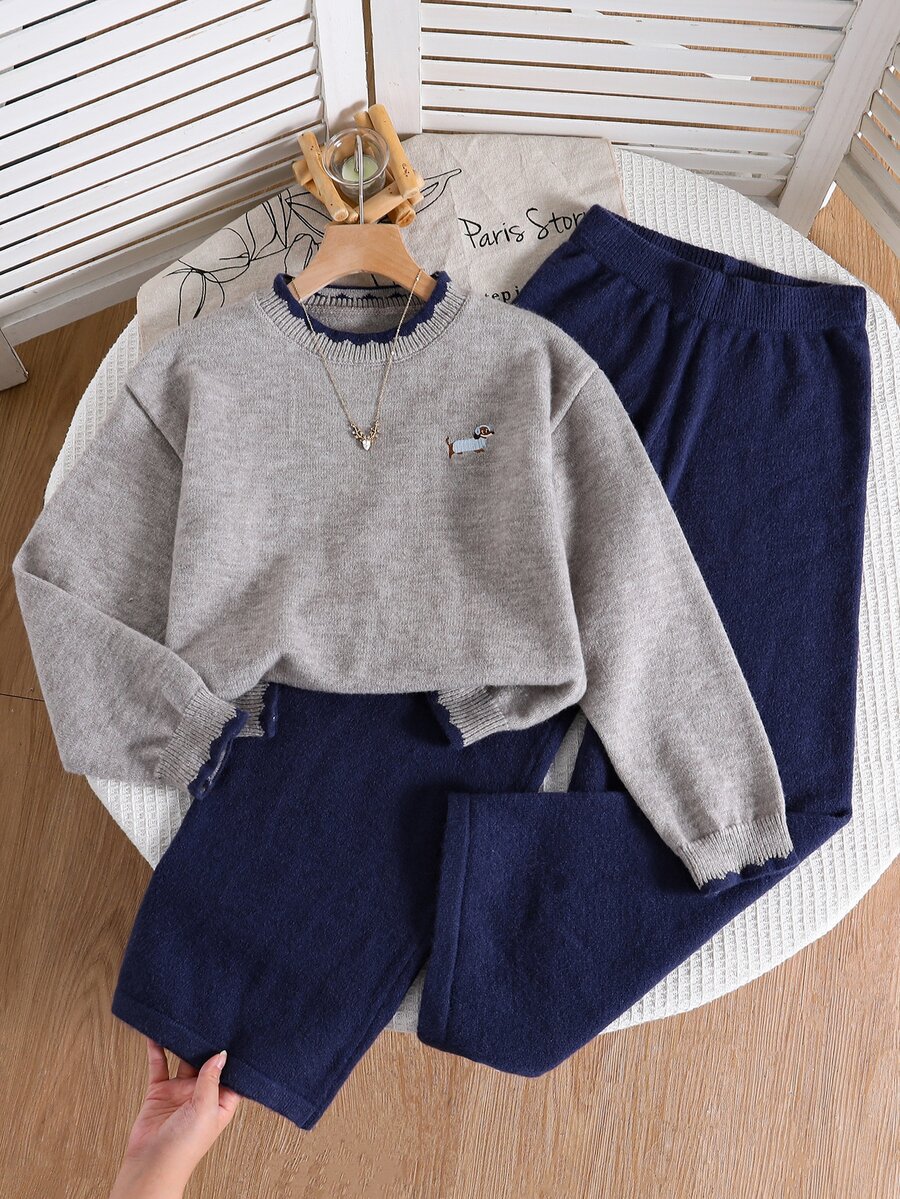 SHEIN 青少年女孩卡通刺繡落肩針織毛衣與針織長褲套裝 - 彩色 - 查看 1