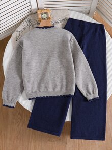 SHEIN 青少年女孩卡通刺繡落肩針織毛衣與針織長褲套裝 - 彩色 - 查看 2