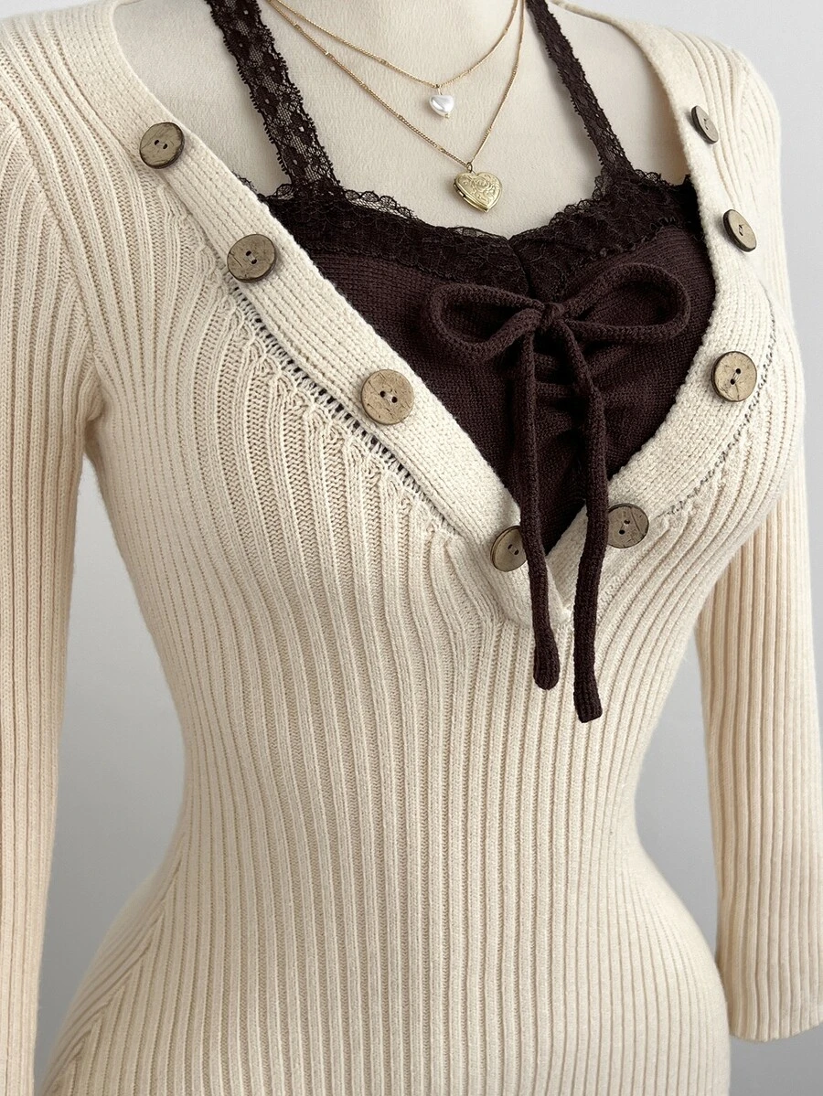 Elamini Women's Autumn/Winter Lace Trim Camisole Patchwork 2 In 1 Button Decor Fitted Long Sleeve Vintage Versatile Knit Dress - Khaki - View 1