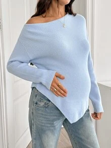 SHEIN 孕婦純色不對稱領休閒寬鬆防社交日常嬰兒洗禮正式長袖針織衫 秋季藍色 - 淺藍色 - 查看 5