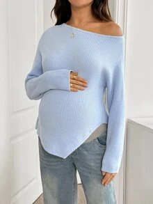 SHEIN 孕婦純色不對稱領休閒寬鬆防社交日常嬰兒洗禮正式長袖針織衫 秋季藍色 - 淺藍色 - 查看 4