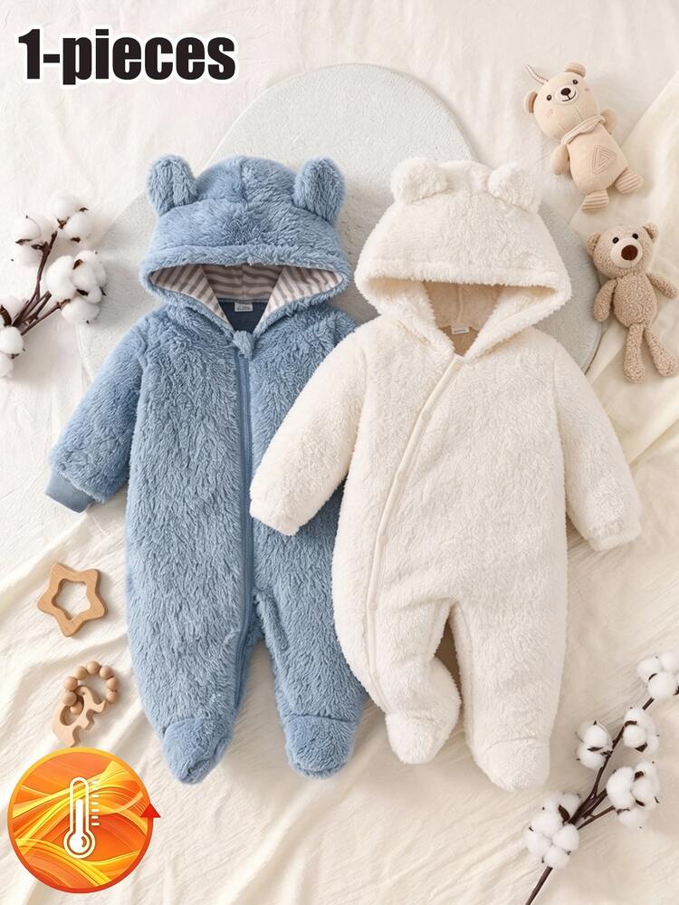 Newborn Hooded One-Piece Footed Romper, Blue Cute Bear Design With Contrast Stripes, Double-Sided Fleece Fabric, Comfortable Soft Casual Minimalist Wearable Loungewear For Winter - Blue - View 3