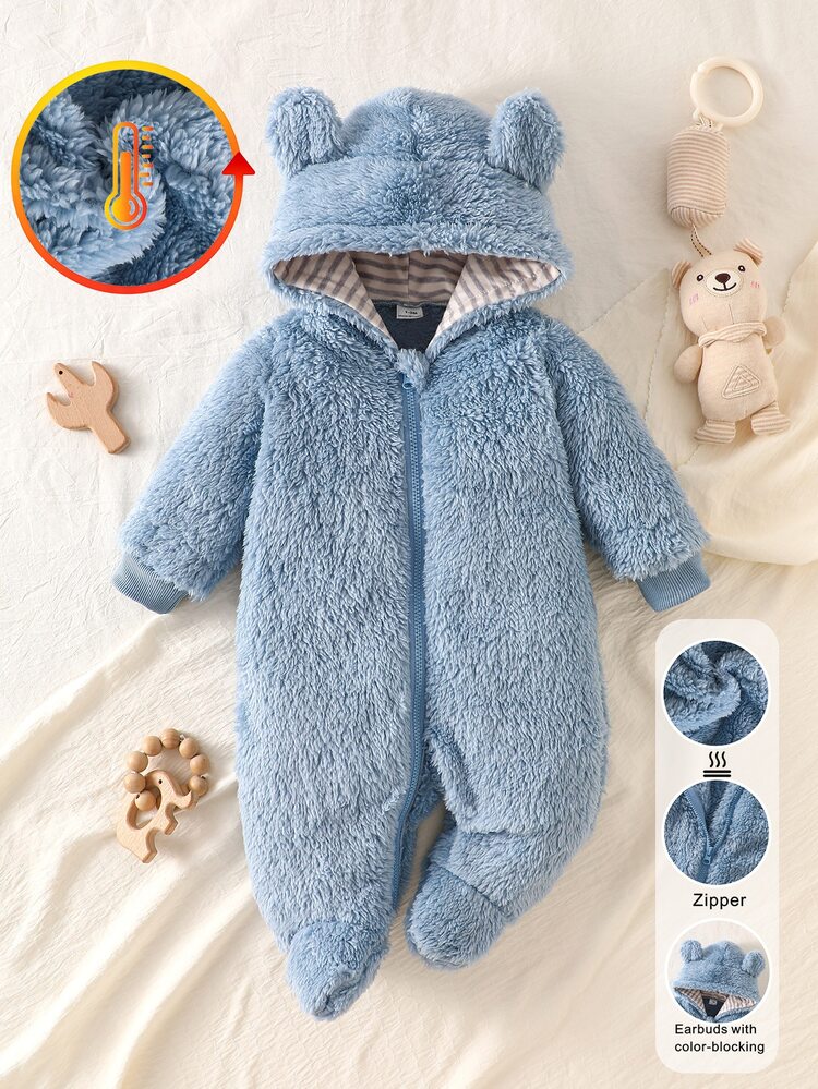 Newborn Hooded One-Piece Footed Romper, Blue Cute Bear Design With Contrast Stripes, Double-Sided Fleece Fabric, Comfortable Soft Casual Minimalist Wearable Loungewear For Winter - Blue - View 4