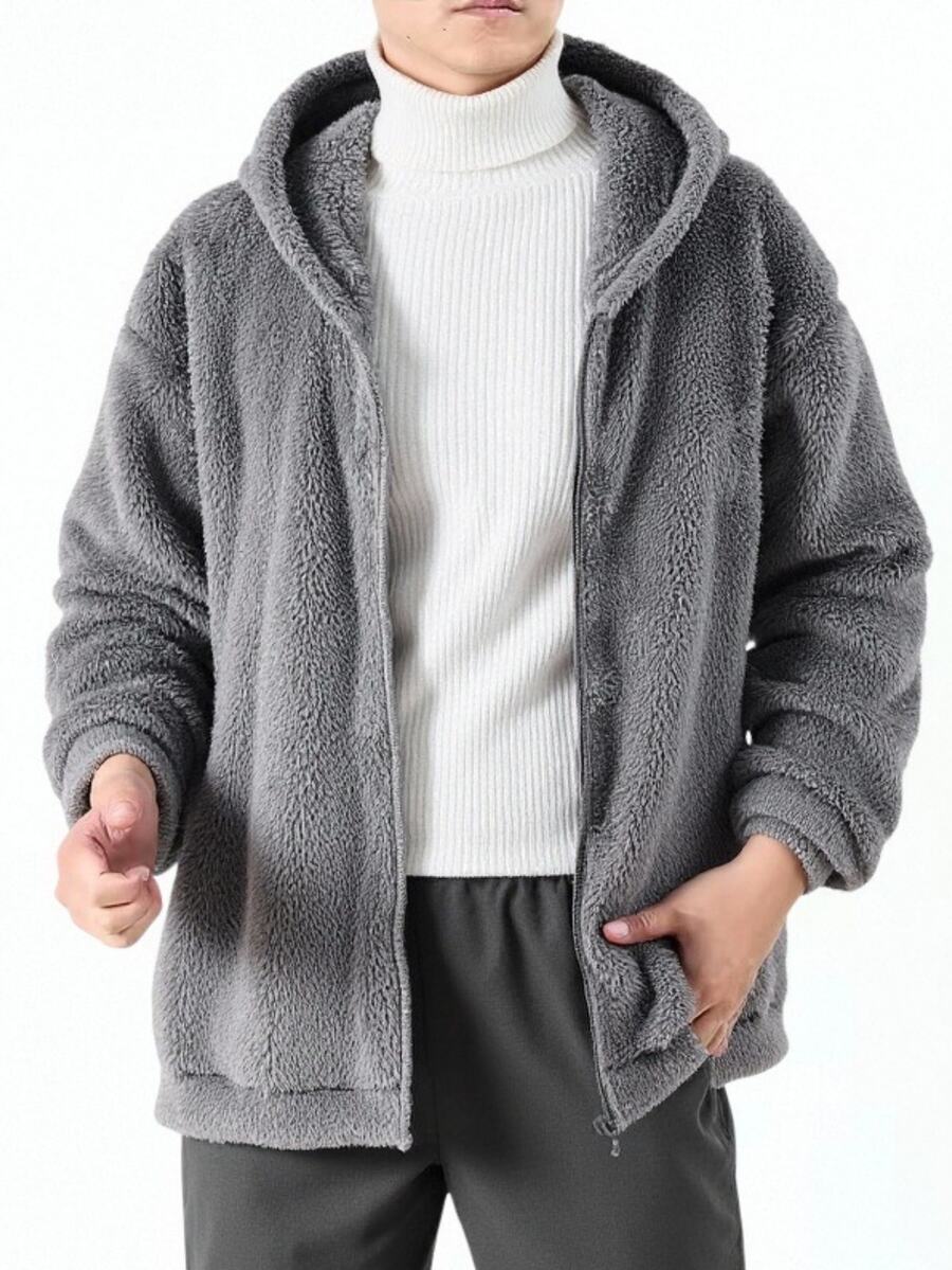 Vacaura 青少年男孩基本款黑色休閒可愛工裝抓絨連帽外套 秋季 - 灰色 - 查看 1