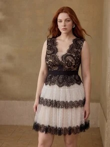 MOTF PREMIUM PLUS SIZE WOMEN'S SUMMER LACE DRESS ELEGANT LADY BLACK & WHITE PATCHWORK POLKA DOT MESH SEXY WAIST-CINCHING SLIMMING DRESS - Black and White - View 6