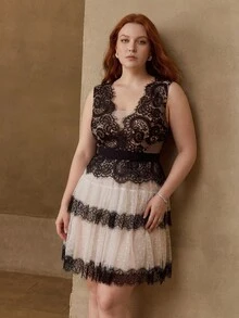 MOTF PREMIUM PLUS SIZE WOMEN'S SUMMER LACE DRESS ELEGANT LADY BLACK & WHITE PATCHWORK POLKA DOT MESH SEXY WAIST-CINCHING SLIMMING DRESS - Black and White - View 5