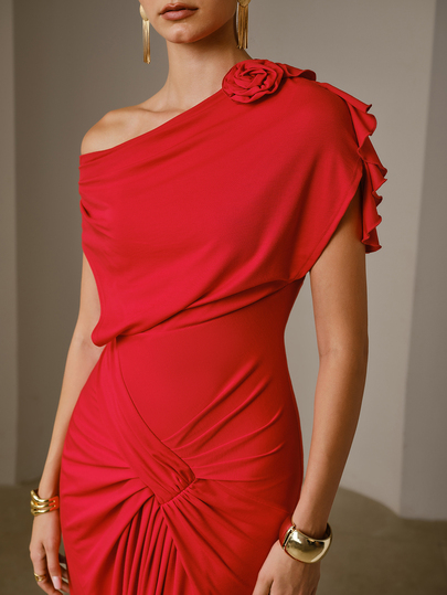 ZEYLAH Women's Asymmetrical Shoulder 3D Floral Decor Elegant Waist-Cinching Party Dress