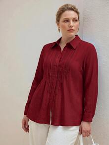 MOTF PREMIUM PLUS SIZE WOMEN'S BOHO ROMANTIC LACE INSERT LONG SLEEVE BLOUSE FOR VACATION FALL - Red - View 5