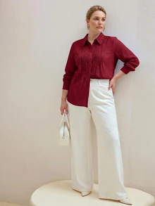 MOTF PREMIUM PLUS SIZE WOMEN'S BOHO ROMANTIC LACE INSERT LONG SLEEVE BLOUSE FOR VACATION FALL - Red - View 3
