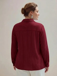 MOTF PREMIUM PLUS SIZE WOMEN'S BOHO ROMANTIC LACE INSERT LONG SLEEVE BLOUSE FOR VACATION FALL - Red - View 6