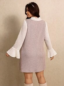 Elaquor Plus Size Women's Stand Collar Long Sleeve Top And Solid Color Dress Casual 2-Piece Set Fall/Winter Casual Daily Going Out Sets Casual Office Sets - Khaki - View 2