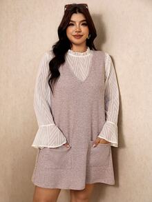 Elaquor Plus Size Women's Stand Collar Long Sleeve Top And Solid Color Dress Casual 2-Piece Set Fall/Winter Casual Daily Going Out Sets Casual Office Sets - Khaki - View 5
