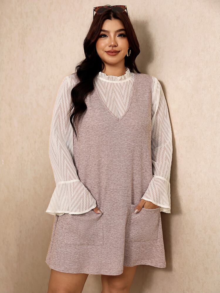 Elaquor 大尺碼女款立領長袖上衣與純色洋裝休閒兩件套 - 卡其色 - 查看 5