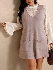 Elaquor Plus Size Women's Stand Collar Long Sleeve Top And Solid Color Dress Casual 2-Piece Set Fall/Winter Casual Daily Going Out Sets Casual Office Sets - Khaki - View 3