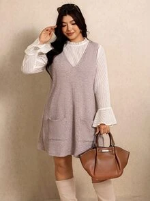 Elaquor Plus Size Women's Stand Collar Long Sleeve Top And Solid Color Dress Casual 2-Piece Set Fall/Winter Casual Daily Going Out Sets Casual Office Sets - Khaki - View 6