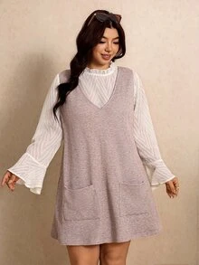 Elaquor Plus Size Women's Stand Collar Long Sleeve Top And Solid Color Dress Casual 2-Piece Set Fall/Winter Casual Daily Going Out Sets Casual Office Sets - Khaki - View 4