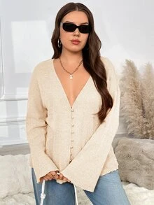 SHEIN Frenchy 大尺碼仿珍珠鈕扣深V領長袖針織外套 冬季秋季休閒款 - 杏色 - 查看 5