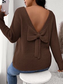SHEIN Frenchy 秋冬大码休闲纯色蝴蝶结装饰毛衣 - 棕色 - 查看 1